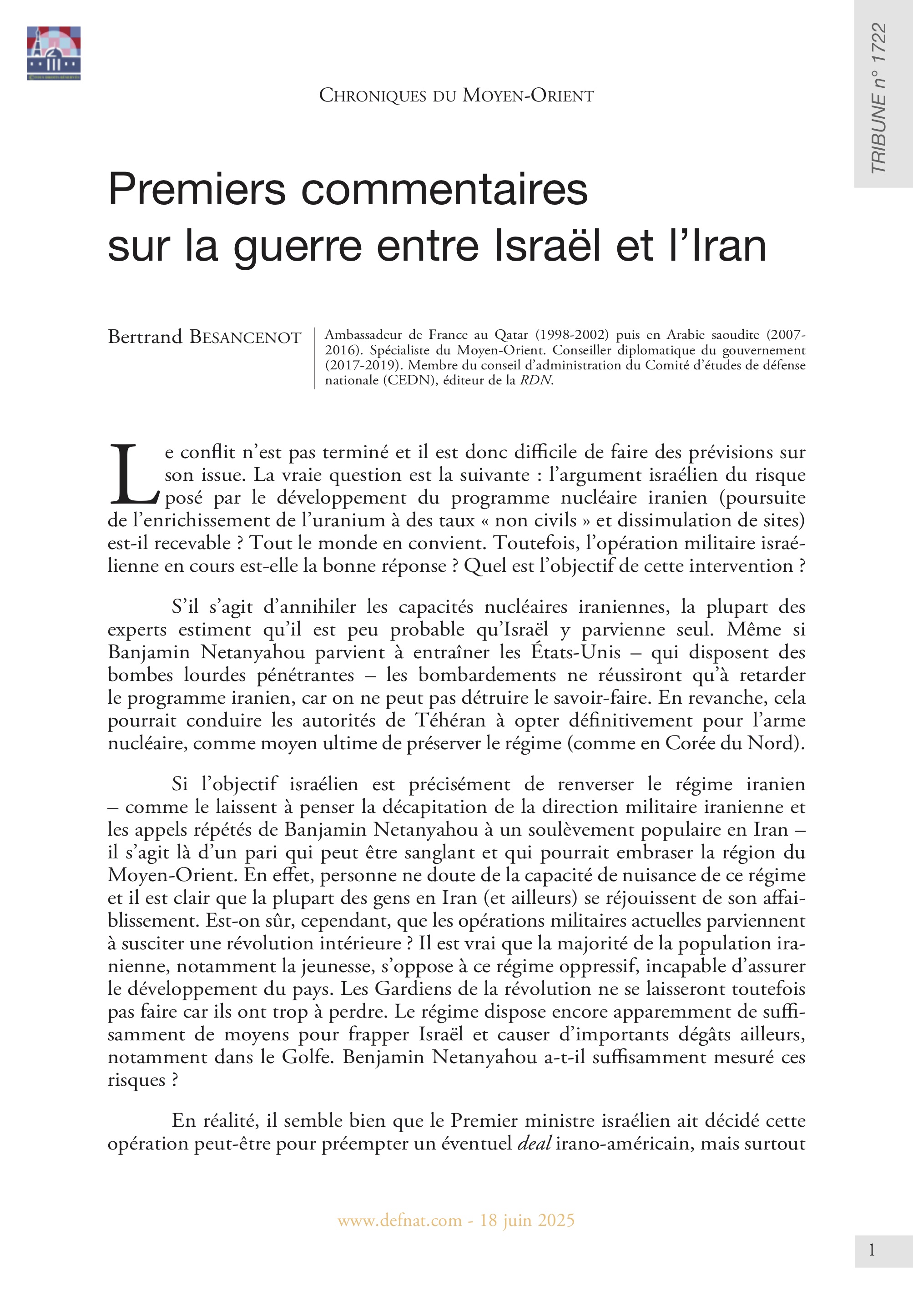 Chroniques du Moyen-Orient – Premiers commentaires sur la guerre entre Israël et l’Iran (T 1722)
